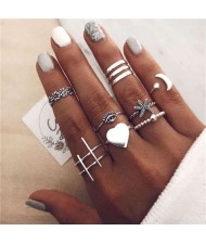 Heart Moon and Starfish Various Fashion Designs 8 pcs Women Alloy Rings Set