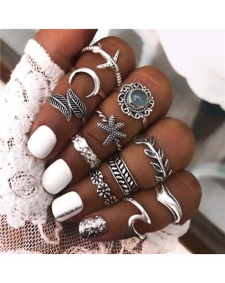 Hollow Flowers Seashell Wings and Constellation Assorted Fashion Designs 14 pcs Women Alloy Rings Set