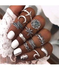 Hollow Flowers Seashell Wings and Constellation Assorted Fashion Designs 14 pcs Women Alloy Rings Set