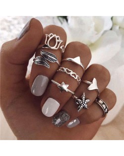 Hearts and Starfish Mixed Fancy Fashion Design 8 pcs Women Alloy Rings Set