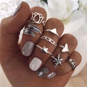 Hearts and Starfish Mixed Fancy Fashion Design 8 pcs Women Alloy Rings Set