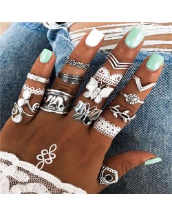 Butterflies and Elephant with Multiple Fashion Designs 14 pcs Women Alloy Rings Set