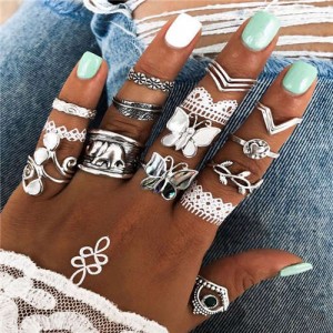 Butterflies and Elephant with Multiple Fashion Designs 14 pcs Women Alloy Rings Set