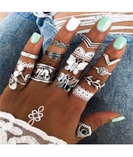 Butterflies and Elephant with Multiple Fashion Designs 14 pcs Women Alloy Rings Set