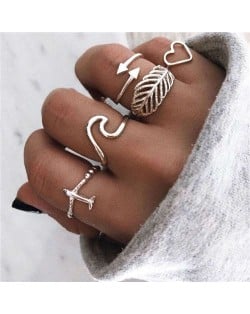 High Fashion Airplane Heart Arrow Mixed Elements 5 pcs Women Alloy Rings Set