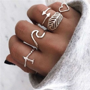 High Fashion Airplane Heart Arrow Mixed Elements 5 pcs Women Alloy Rings Set