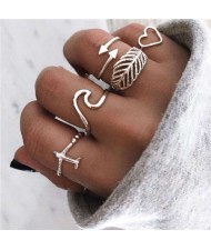 High Fashion Airplane Heart Arrow Mixed Elements 5 pcs Women Alloy Rings Set