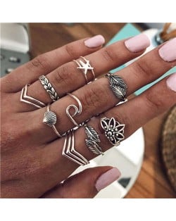 Leaves and Sea Elements Mixed Design 12 pcs High Fashion Women Alloy Rings Set