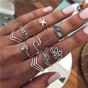 Leaves and Sea Elements Mixed Design 12 pcs High Fashion Women Alloy Rings Set