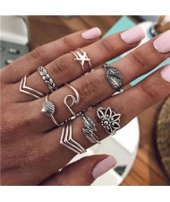 Leaves and Sea Elements Mixed Design 12 pcs High Fashion Women Alloy Rings Set