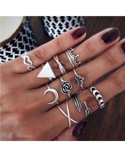 Rose Crown and Moon High Fashion Designs 10 pcs Women Alloy Rings Set