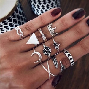Rose Crown and Moon High Fashion Designs 10 pcs Women Alloy Rings Set