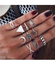 Rose Crown and Moon High Fashion Designs 10 pcs Women Alloy Rings Set