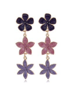 Oil-spot Glazed Sweet Flowers Cluster Dangling High Fashion Women Alloy Earrings - Violet