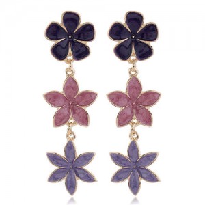 Oil-spot Glazed Sweet Flowers Cluster Dangling High Fashion Women Alloy Earrings - Violet
