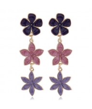 Oil-spot Glazed Sweet Flowers Cluster Dangling High Fashion Women Alloy Earrings - Violet