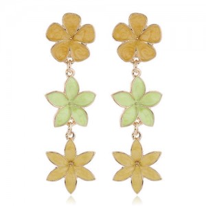 Oil-spot Glazed Sweet Flowers Cluster Dangling High Fashion Women Alloy Earrings - Yellow