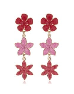 Oil-spot Glazed Sweet Flowers Cluster Dangling High Fashion Women Alloy Earrings - Red