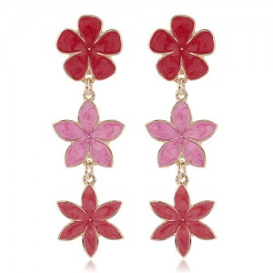 Oil-spot Glazed Sweet Flowers Cluster Dangling High Fashion Women Alloy Earrings - Red