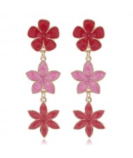 Oil-spot Glazed Sweet Flowers Cluster Dangling High Fashion Women Alloy Earrings - Red