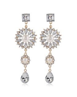 Glistening Flower Dangling Fashion Alloy Women Statement Earrings - White