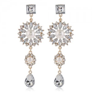 Glistening Flower Dangling Fashion Alloy Women Statement Earrings - White