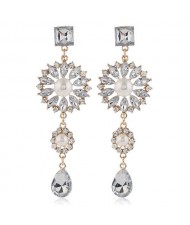 Glistening Flower Dangling Fashion Alloy Women Statement Earrings - White