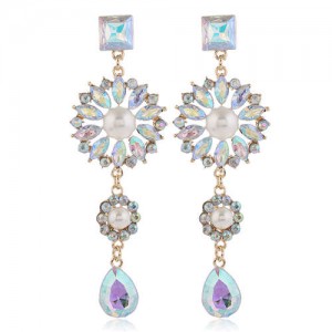 Glistening Flower Dangling Fashion Alloy Women Statement Earrings - Luminous White
