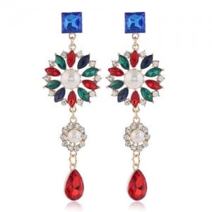 Glistening Flower Dangling Fashion Alloy Women Statement Earrings - Red
