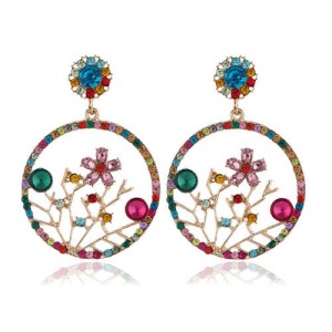 Flourishing Flowers Rhinestone Women Hoop Earrings - Multicolor