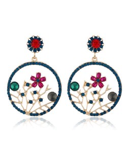 Flourishing Flowers Rhinestone Women Hoop Earrings - Blue