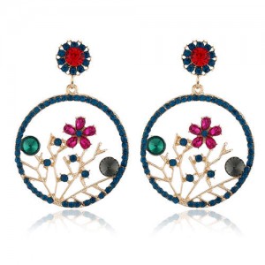 Flourishing Flowers Rhinestone Women Hoop Earrings - Blue