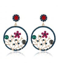 Flourishing Flowers Rhinestone Women Hoop Earrings - Blue