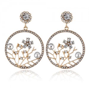 Flourishing Flowers Rhinestone Women Hoop Earrings - White
