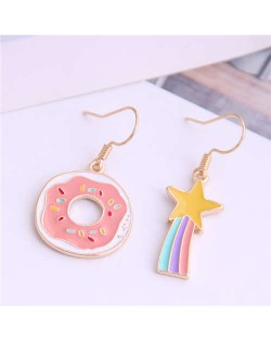 Korean Fashion Cute Doughnut and Rainbow Asymmetric Design Alloy Women Earrings