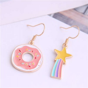 Korean Fashion Cute Doughnut and Rainbow Asymmetric Design Alloy Women Earrings