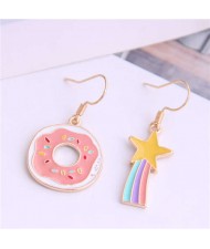 Korean Fashion Cute Doughnut and Rainbow Asymmetric Design Alloy Women Earrings