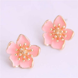 Delicate Peach Blossom Design Koeran Fashion Enamel Women Earrings - Pink