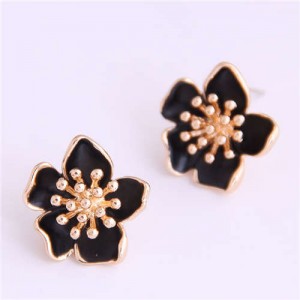 Delicate Peach Blossom Design Koeran Fashion Enamel Women Earrings - Black