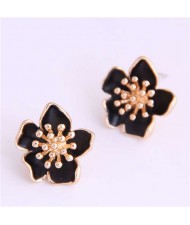 Delicate Peach Blossom Design Koeran Fashion Enamel Women Earrings - Black