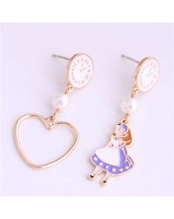 Cartoon Girl and Heart Asymmetric Pattern Clock Dial Design High Fashion Women Earrings - White