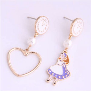 Cartoon Girl and Heart Asymmetric Pattern Clock Dial Design High Fashion Women Earrings - White