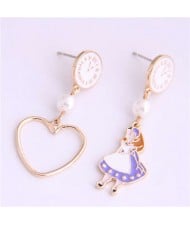 Cartoon Girl and Heart Asymmetric Pattern Clock Dial Design High Fashion Women Earrings - White