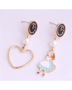 Cartoon Girl and Heart Asymmetric Pattern Clock Dial Design High Fashion Women Earrings - Black