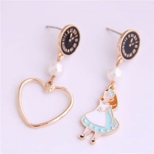 Cartoon Girl and Heart Asymmetric Pattern Clock Dial Design High Fashion Women Earrings - Black