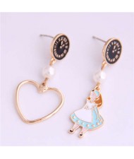 Cartoon Girl and Heart Asymmetric Pattern Clock Dial Design High Fashion Women Earrings - Black