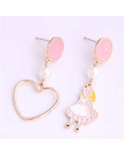 Cartoon Girl and Heart Asymmetric Pattern Clock Dial Design High Fashion Women Earrings - Pink