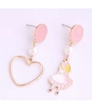Cartoon Girl and Heart Asymmetric Pattern Clock Dial Design High Fashion Women Earrings - Pink
