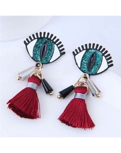 Horrible Eye Design Cotton Threads Tassel Enamel Women Fashion Earrings - Green