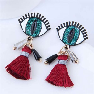 Horrible Eye Design Cotton Threads Tassel Enamel Women Fashion Earrings - Green
